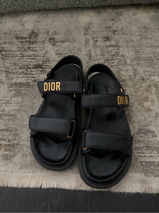Dior Shoes - Dior Black Leather Sandal with Gold Logo Accents